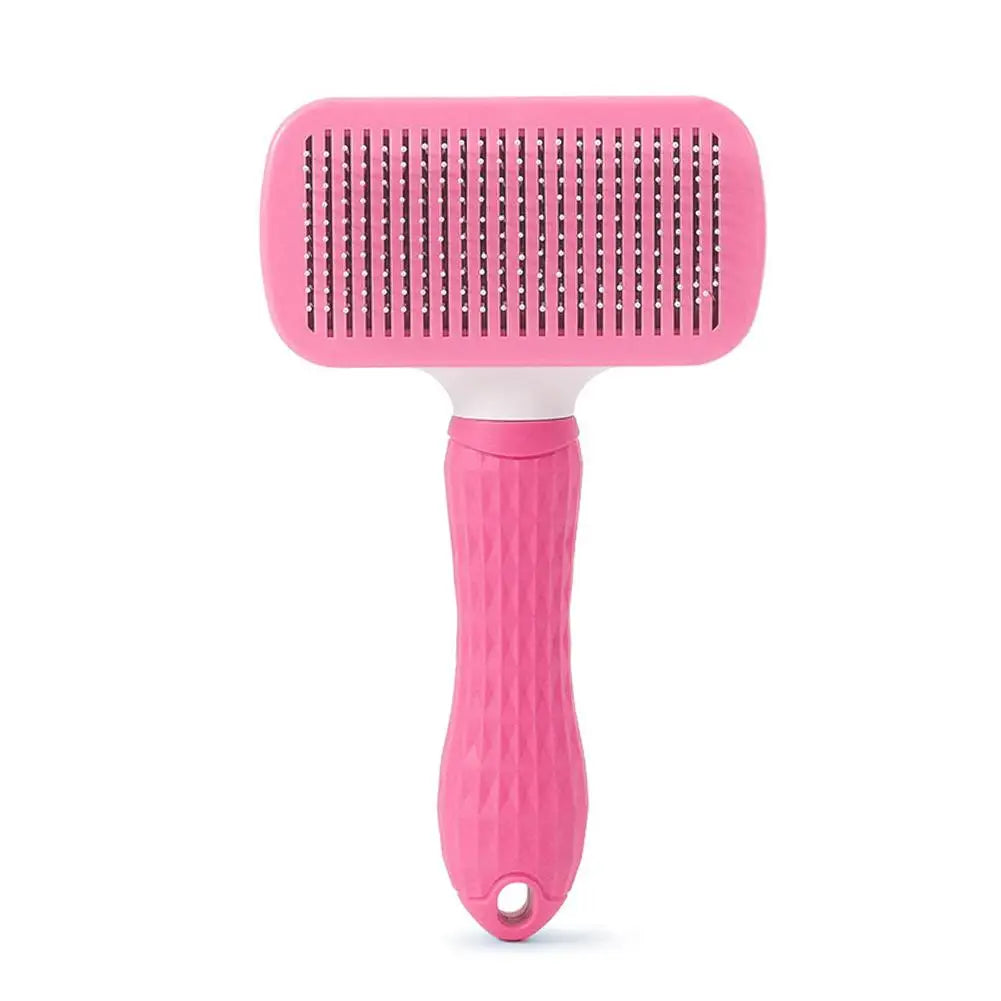 Pink pet grooming brush with pin bristles and textured handle