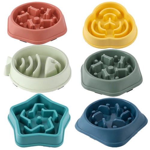 Assorted color slow feeder pet bowls with raised maze inserts and anti-choke ridges