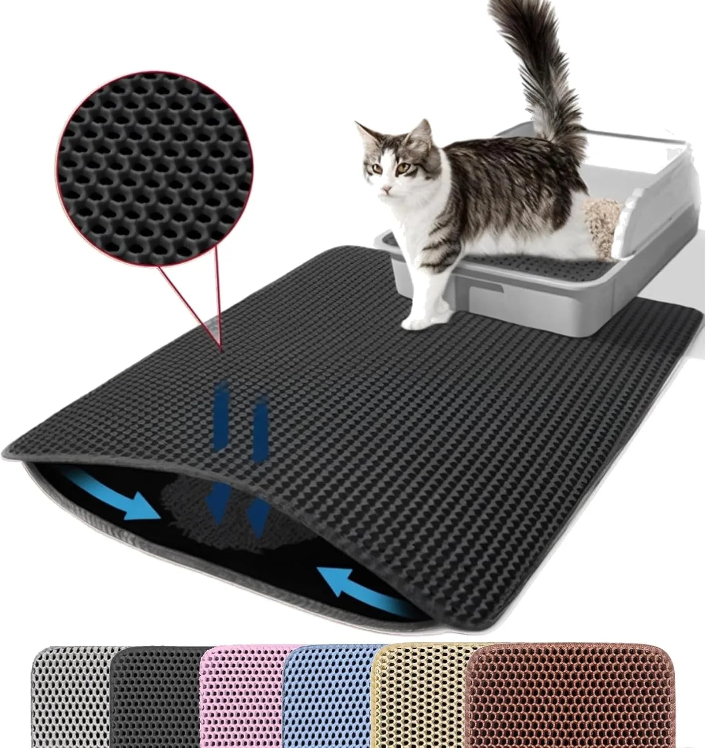 Black double-layer cat litter mat with honeycomb texture and non-slip backing.