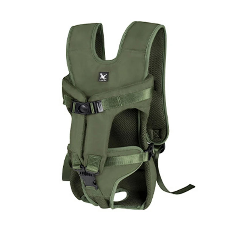 Green dog travel carrier backpack with buckled waist belt and padded front pouch