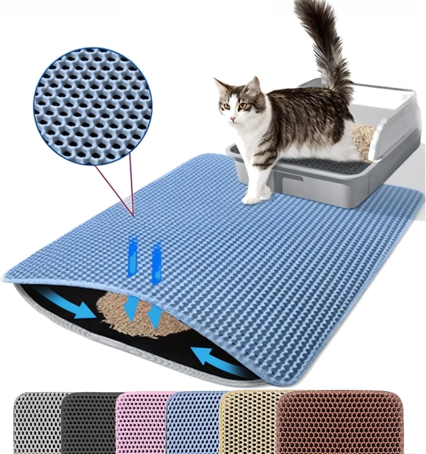 Blue rectangular double-layer cat litter mat with honeycomb texture and non-slip backing.