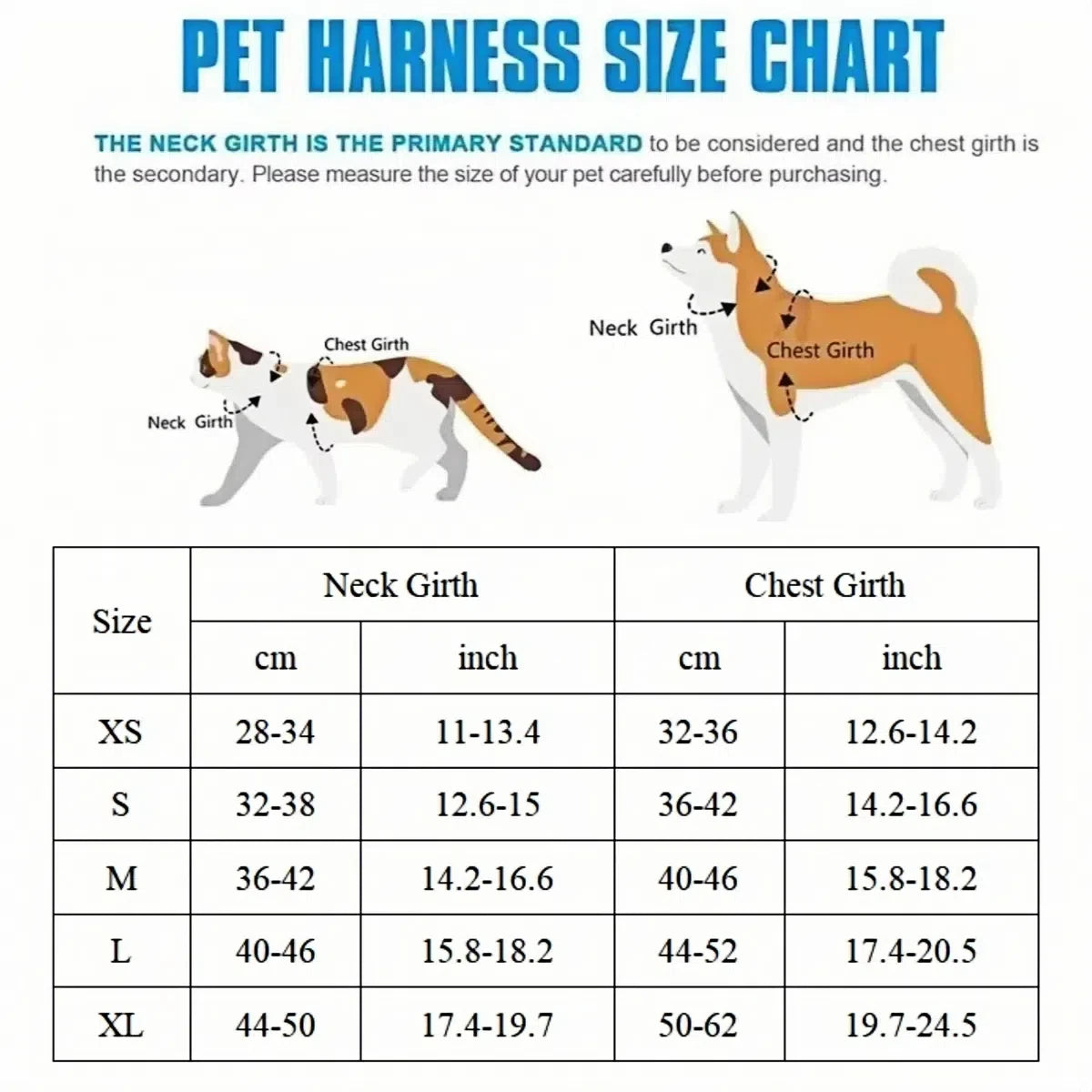 Pet harness size chart with neck girth and chest girth measurement table