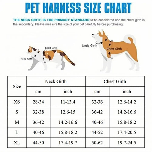 Pet harness size chart with neck and chest girth measurements by size