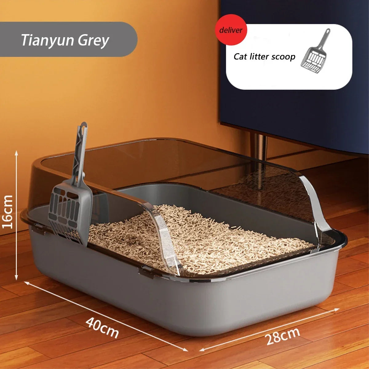 Semi-enclosed high-side cat litter box with scoop, Tianyun Grey color and open top