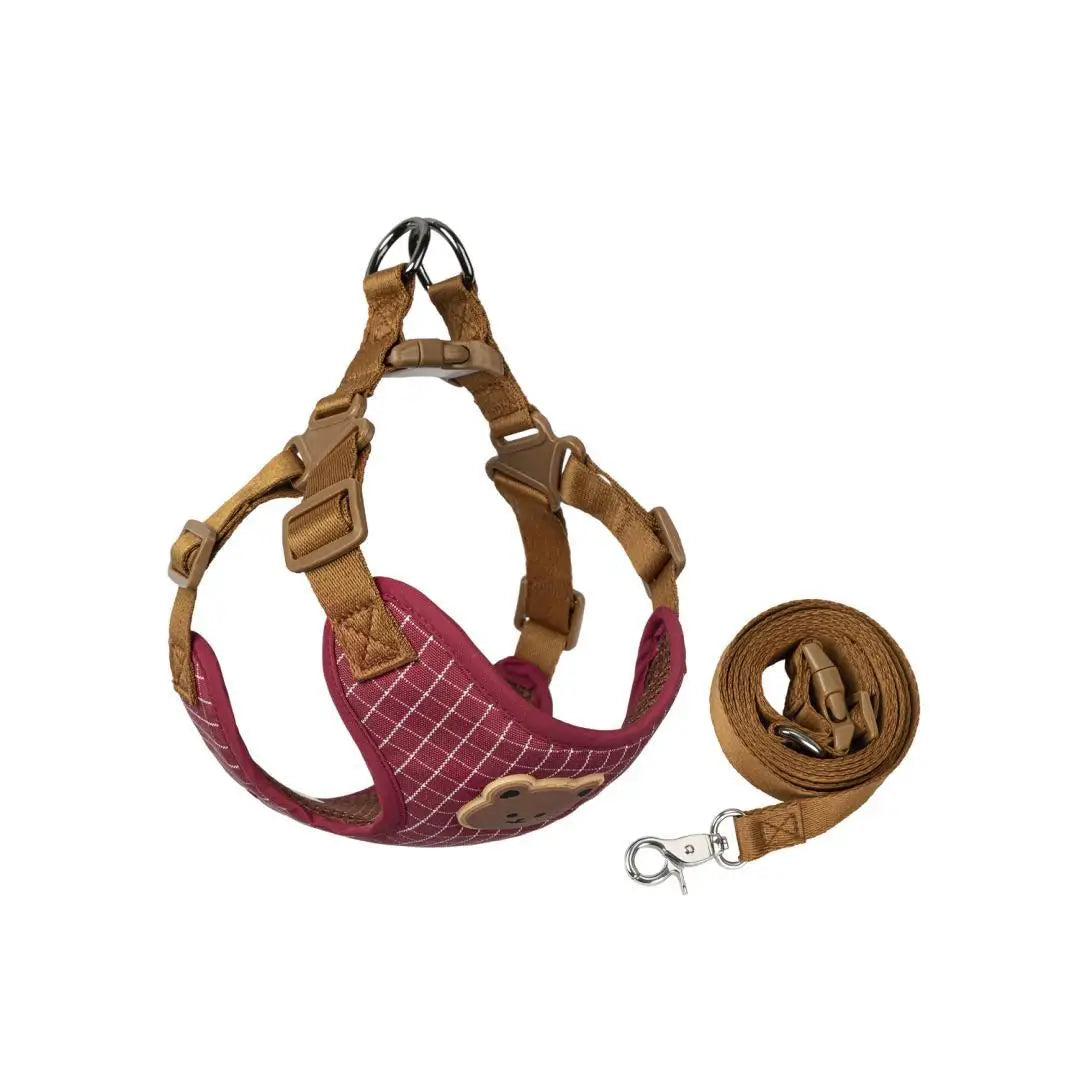 Dog harness and leash set, brown harness with burgundy grid vest and matching leash