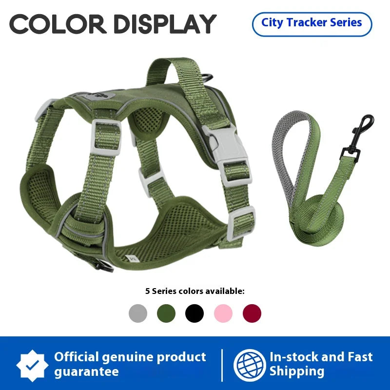 Green dog harness vest with adjustable straps and matching leash set