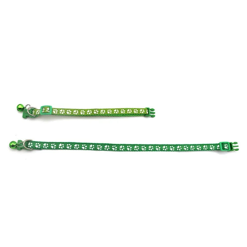 Adjustable green cat collars with bell, paw-print straps with bell charms