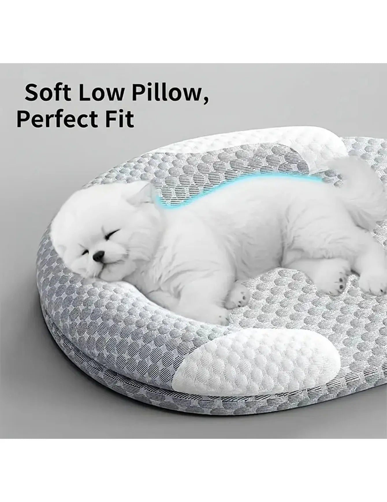 Round donut dog bed with plush bolster, light gray and white fabric, for small pets