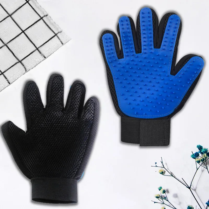 Blue and black five-finger cat grooming glove with soft silicone bristle nubs