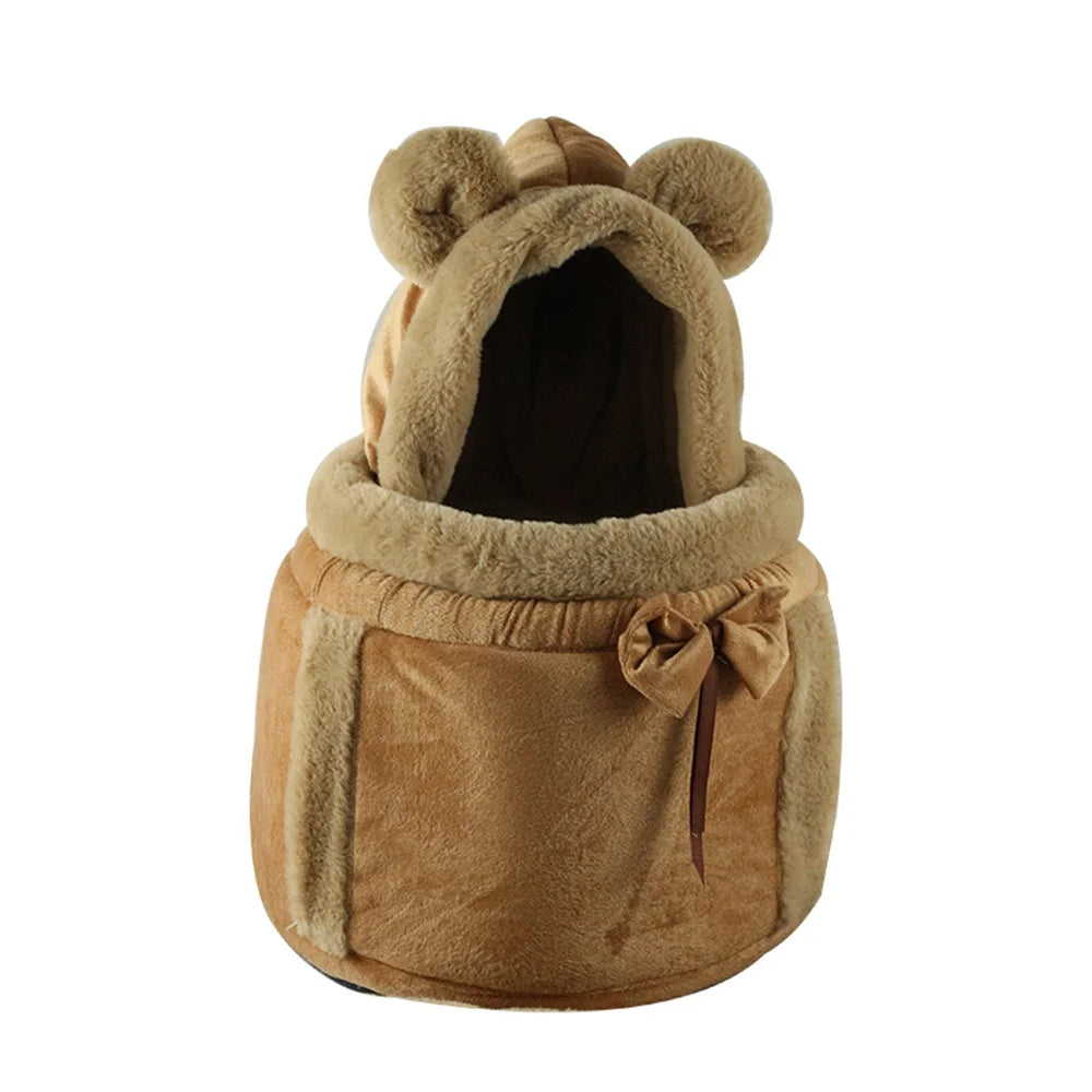 Tan/brown small pet carrier backpack with teddy bear ear hood and knotted drawstring
