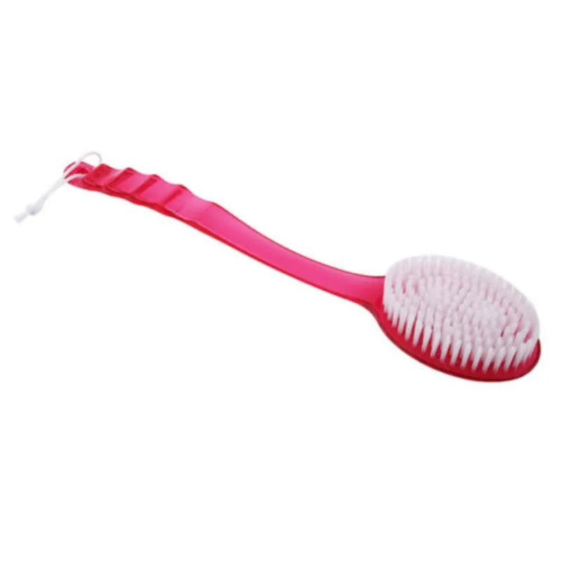 Red-pink long-handle back scrubber with oval white bristle head