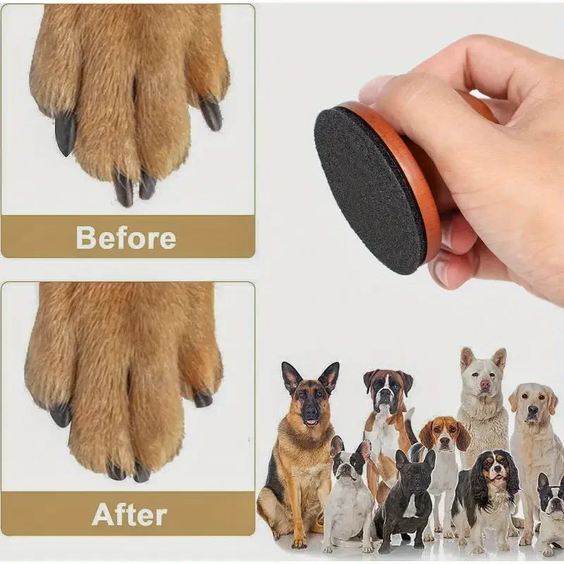 Pet nail grooming tool with orange-brown handle and black abrasive pad