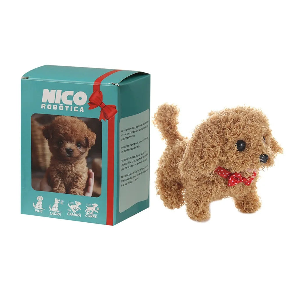 Interactive walking robot puppy plush, tan with black eyes and red bandana