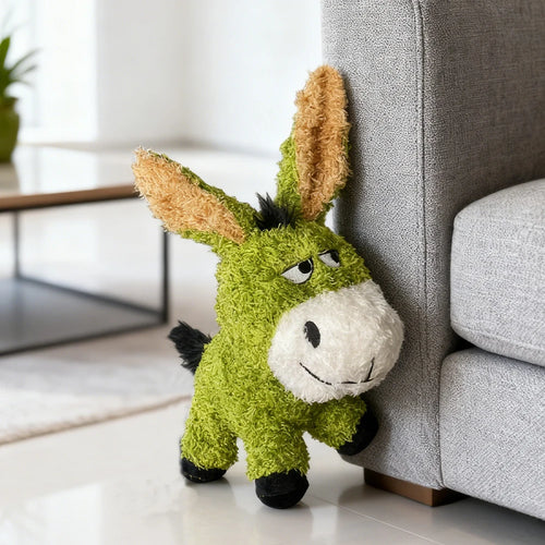 Green donkey plush squeaky toy with tan ears, white snout, and stitched eyes