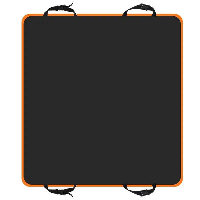 Portable pet car mat, black cover with orange trim and four corner anchor straps