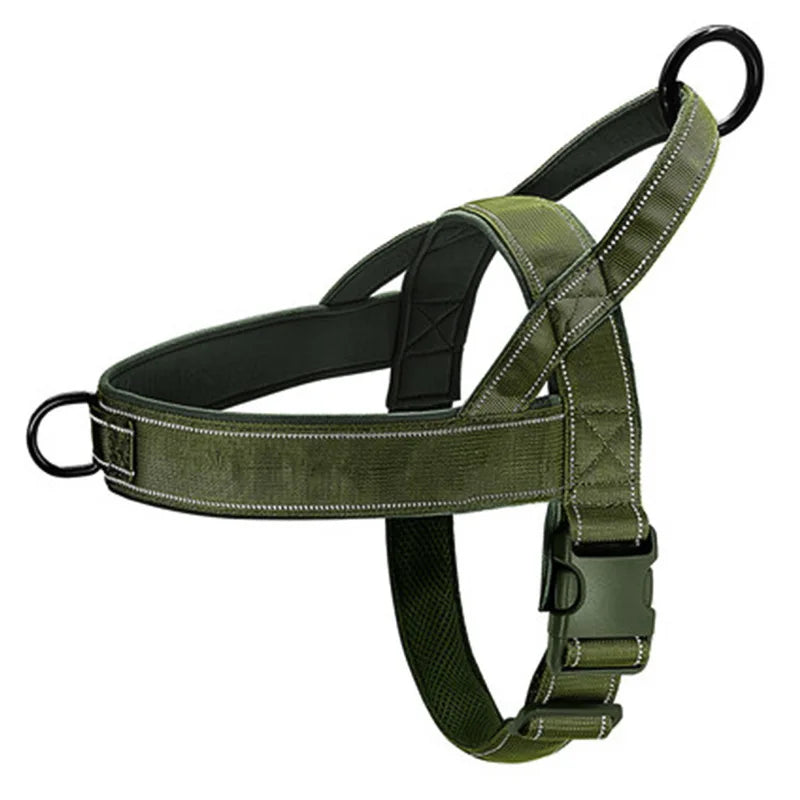 Army green tactical no-pull dog harness with top handle, chest strap, and buckles