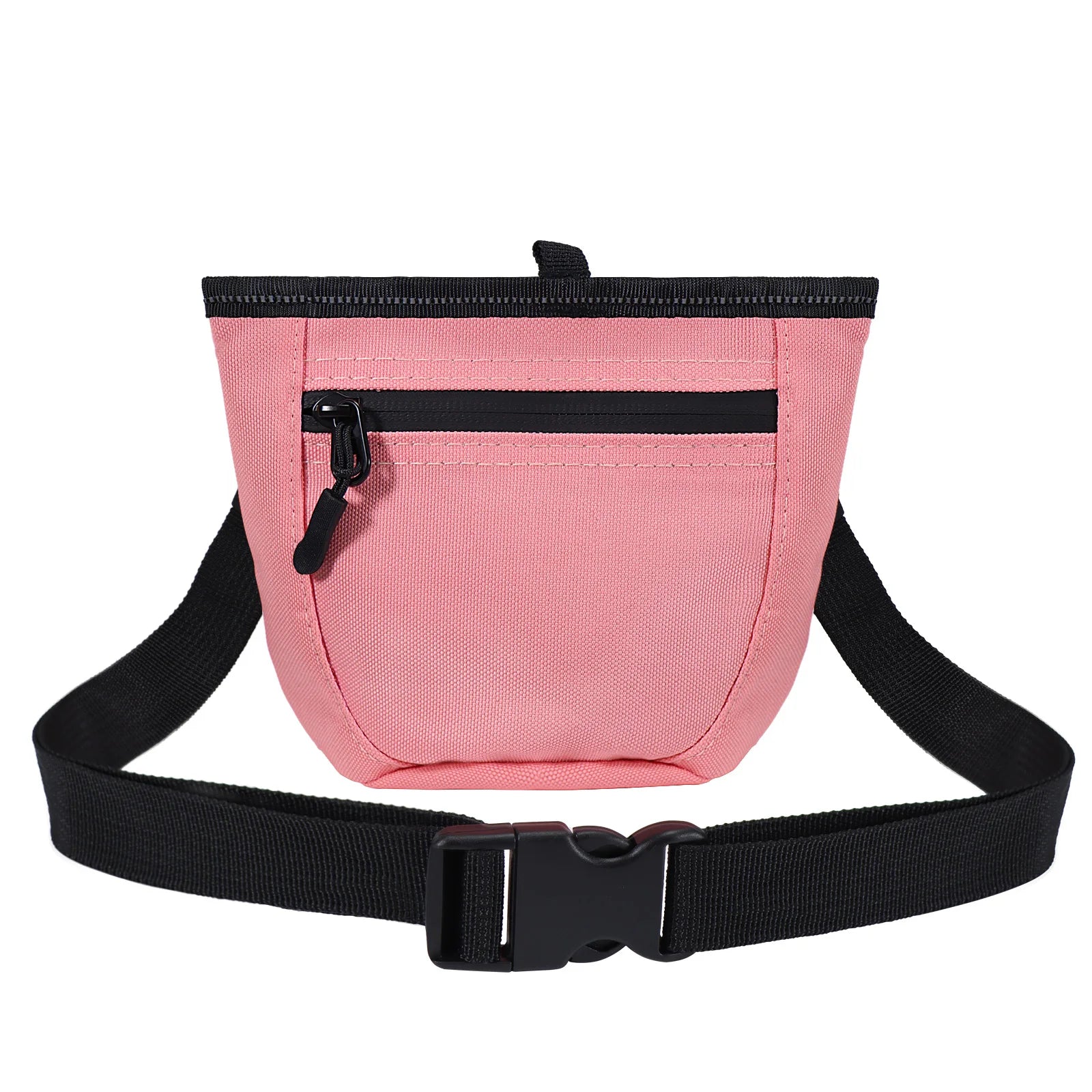 Pink waist dog food travel storage bag with front zipper pocket and belt strap
