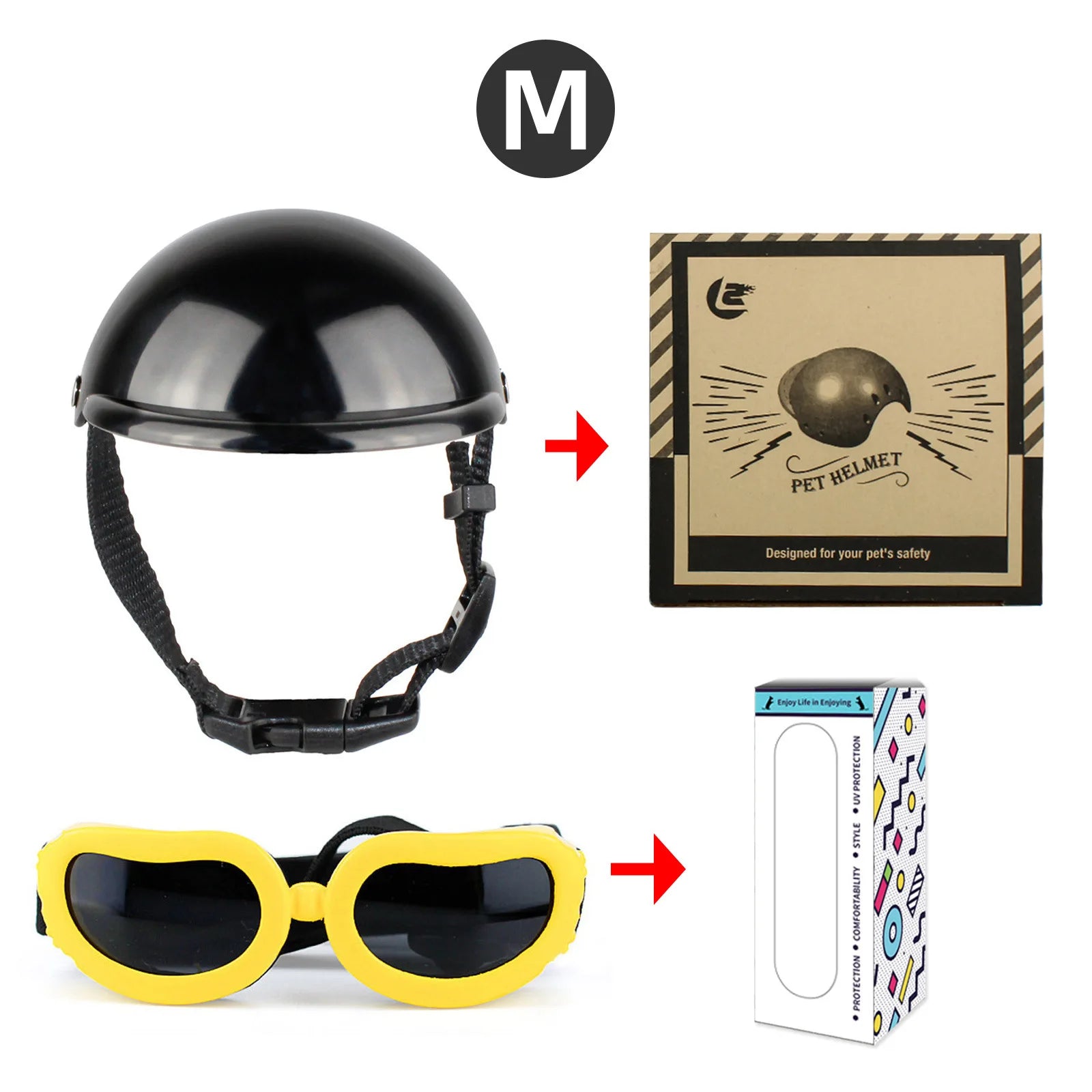 Size M pet helmet with yellow-framed black pet sunglasses, plus accessory box