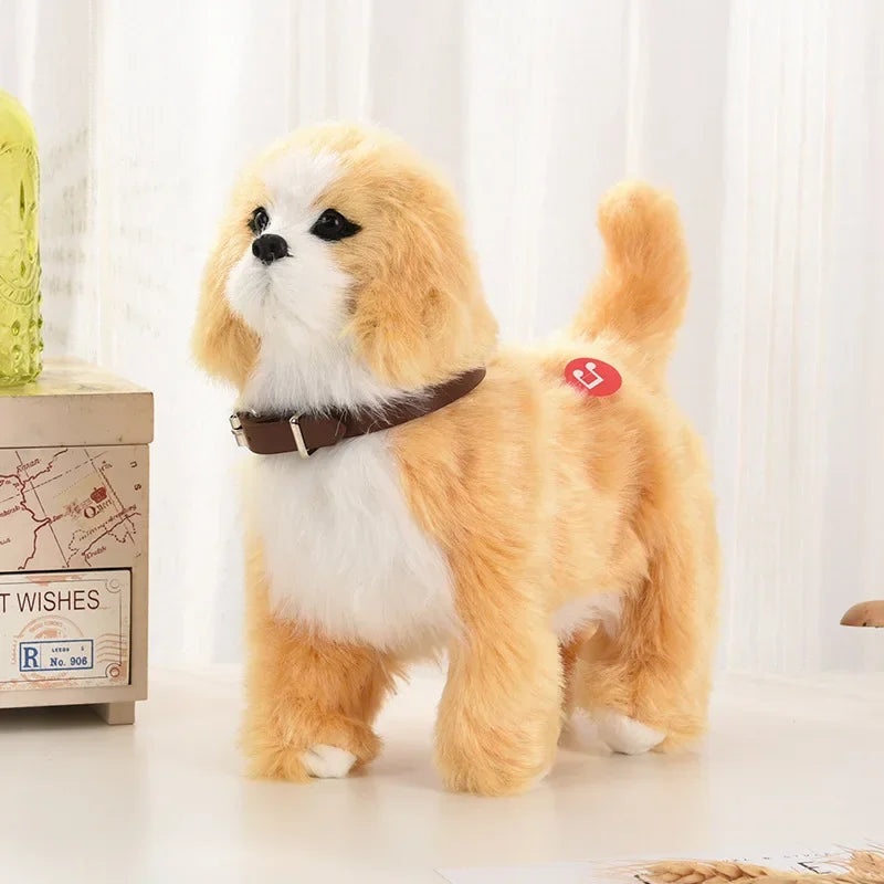 Golden-orange and white plush dog toy with dark brown collar, standing pose