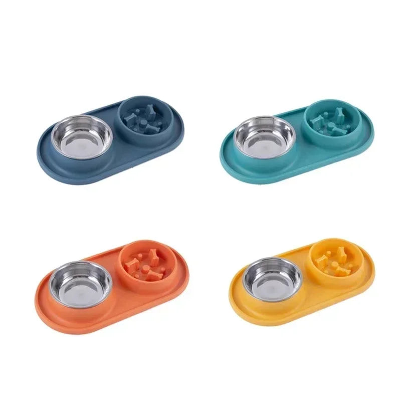 Stainless Steel Dog Double Bowl with Anti-Choking Silicone Mat