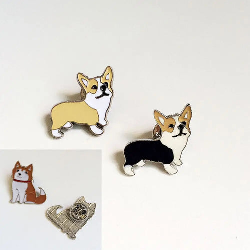 Cartoon corgi and black-and-white dog enamel pins set with hinged back clasp