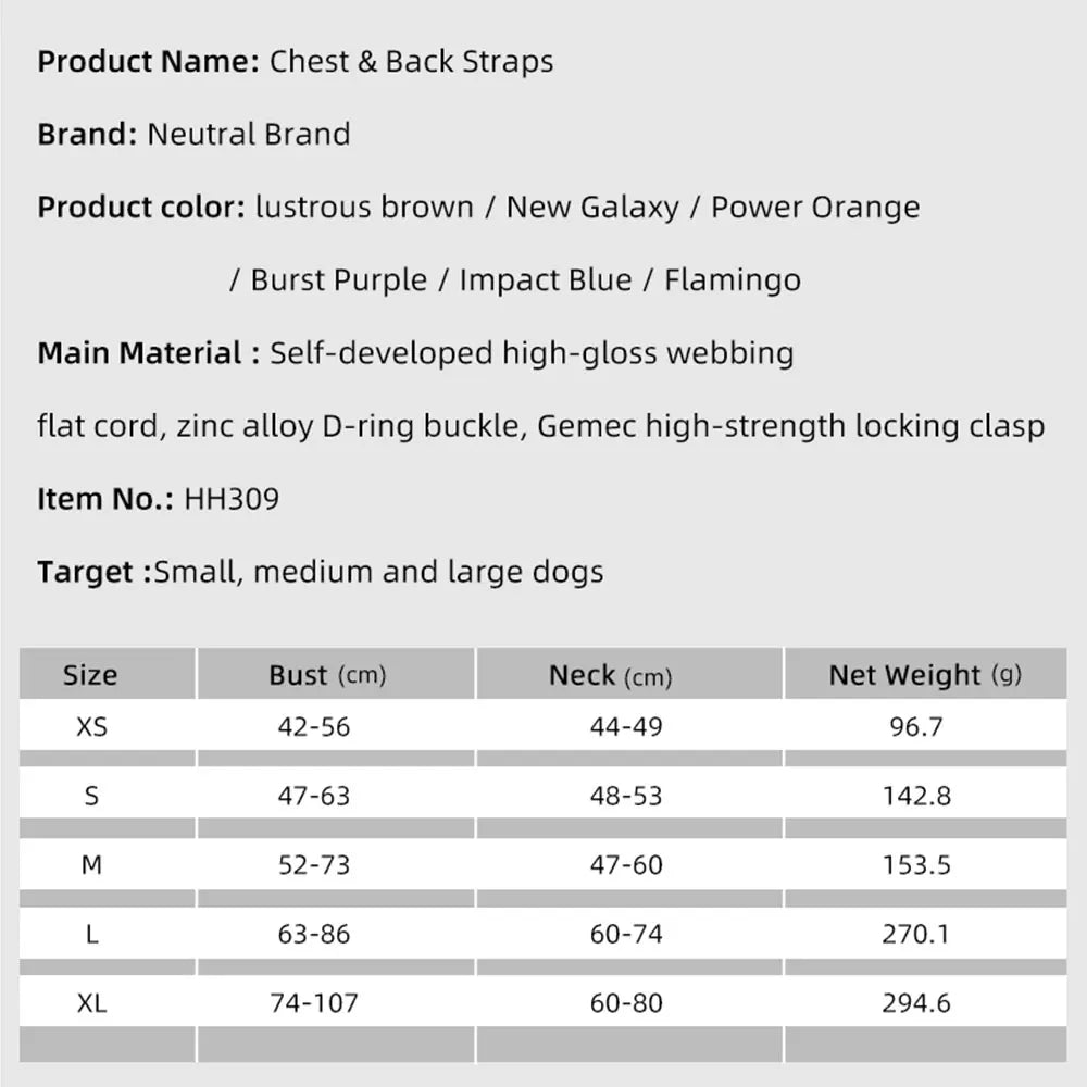Dog harness size chart with XS–XL bust and neck measurements table
