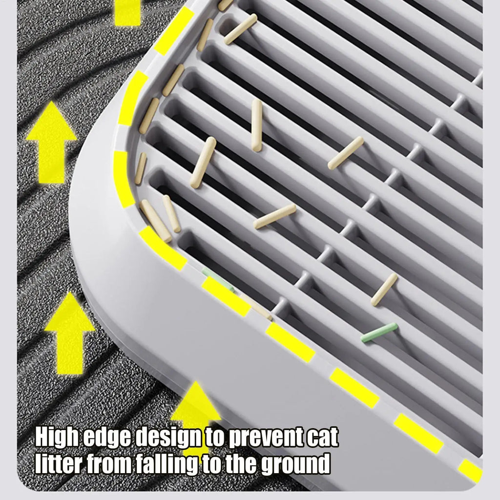 Cat litter ramp mat with high-edged tray design and slatted insert for litter control