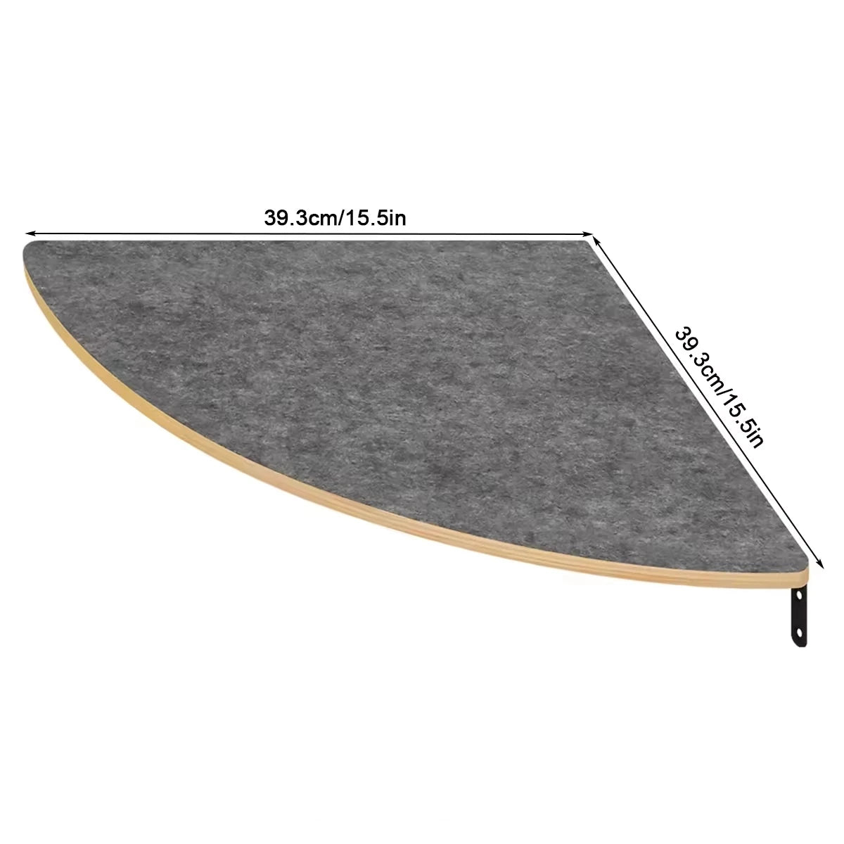 Wall-mounted cat shelf bed with dark gray fabric pad and light wood edge