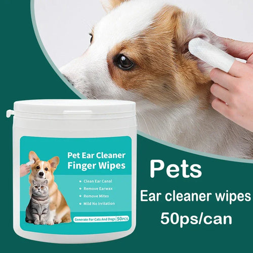 Pet ear cleaner finger wipes with white finger wipe being used on a dog's ear