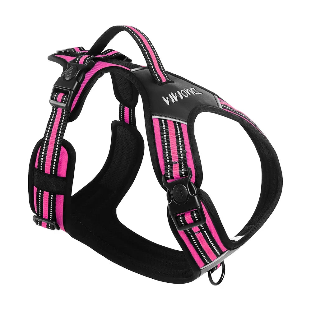 Rose red and black adjustable dog harness with reflective stripe webbing
