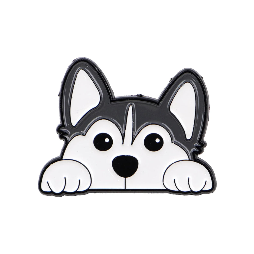 White and black dog head enamel lapel pin with rounded ears and paws