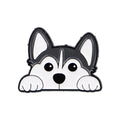 White and black dog head enamel lapel pin with rounded ears and paws