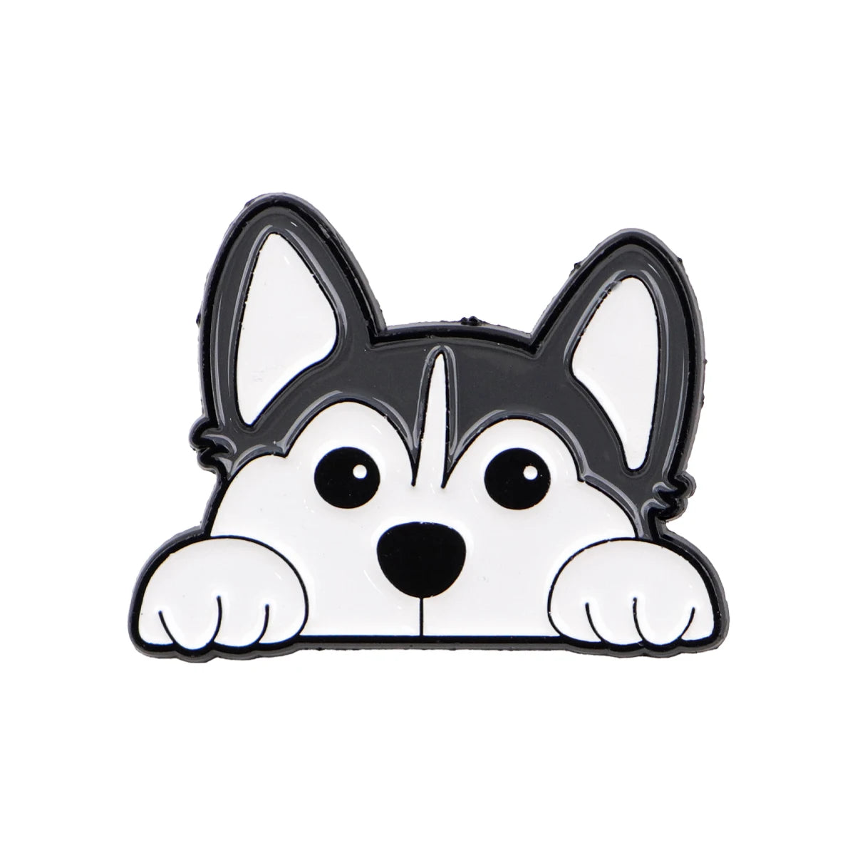 White and black dog head enamel lapel pin with rounded ears and paws