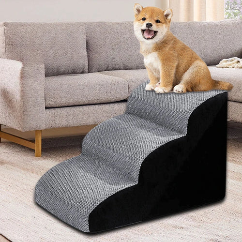 Non-slip foam pet stairs ramp with gray steps and black base, with a dog resting