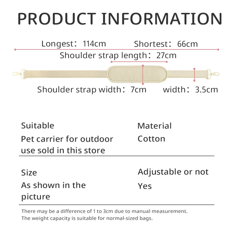Pet bag belt accessory with padded cotton shoulder strap and adjustable length