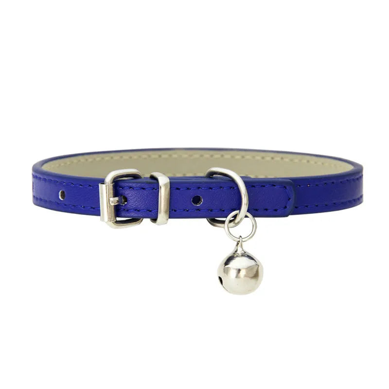 Cute Faux Leather Cat Collar Adjustable Bell Solid Color