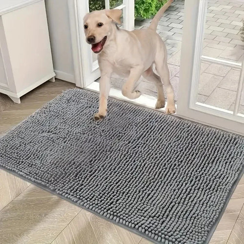 Grey absorbent dog doormat with raised bead texture, non-slip backing, rectangular.