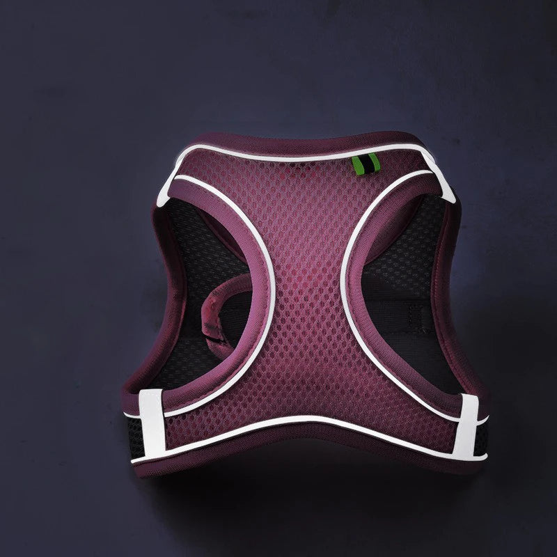 Reflective breathable dog harness vest in maroon with pink trim and white edge piping
