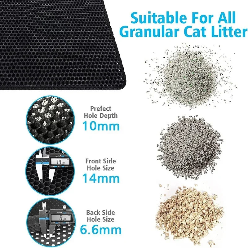 Waterproof cat litter mat close-up with honeycomb holes and illustrated litter particles