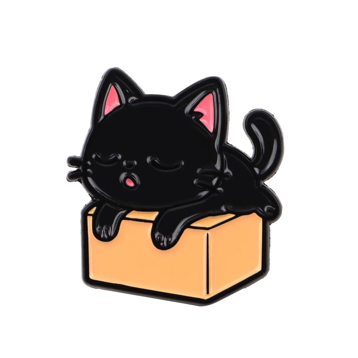 Black cat enamel lapel pin with pink nose, sitting in an orange open box
