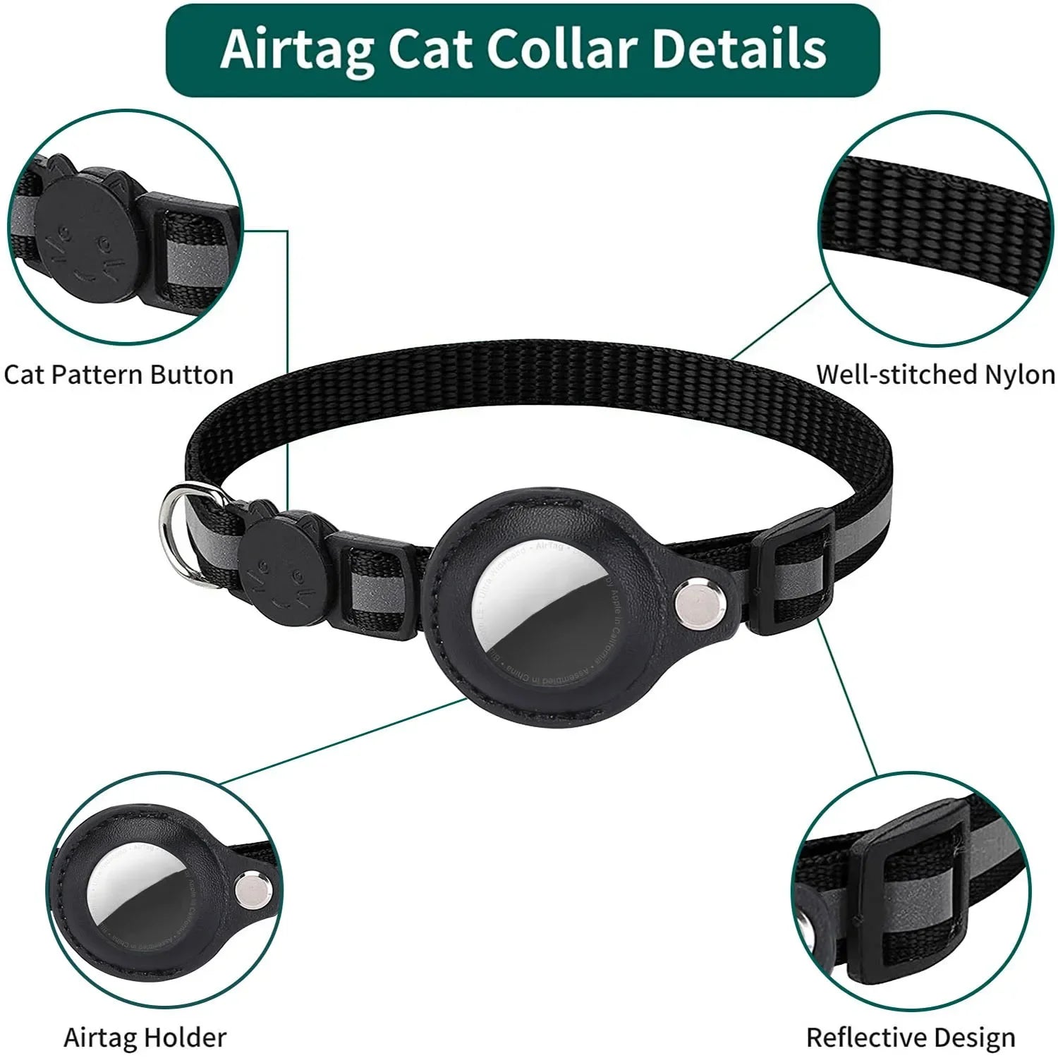 Waterproof Breakaway Cat Collar Bell Reflective AirTag Holder