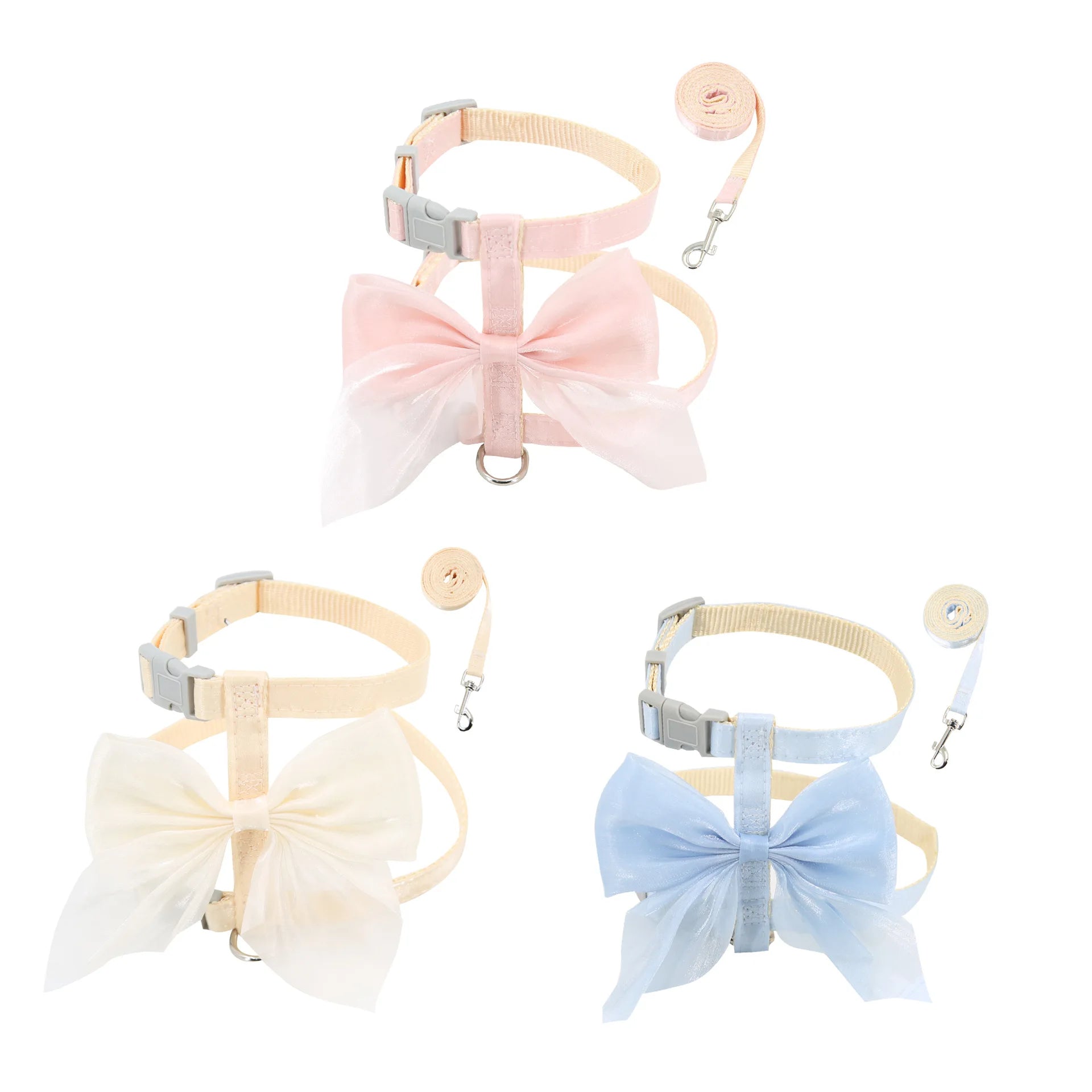 Cat harness and leash set with bow details in pink, white, and blue color options