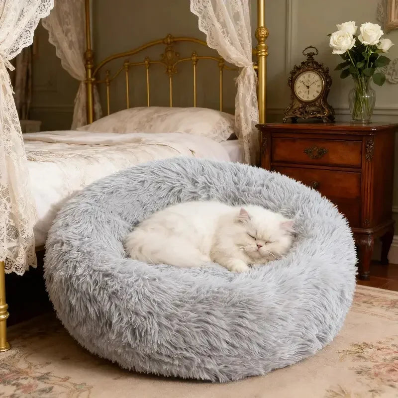 Round Plush Pet Bed – Soft Faux Fur Cat & Dog Nest