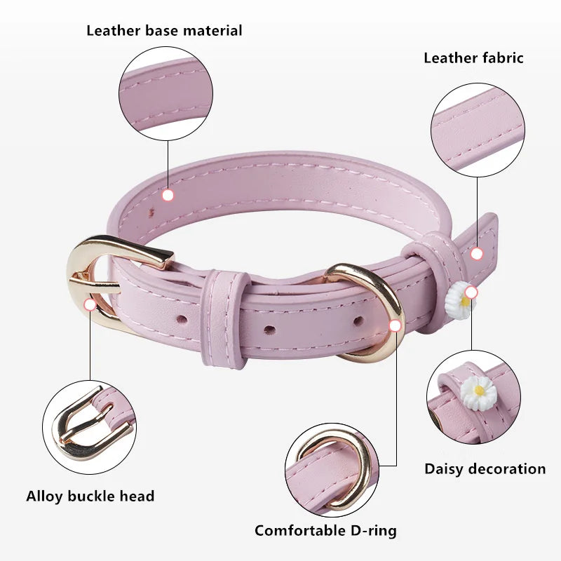 Pink PU leather pet collar details: daisy decoration, alloy buckle, D-ring, stitching