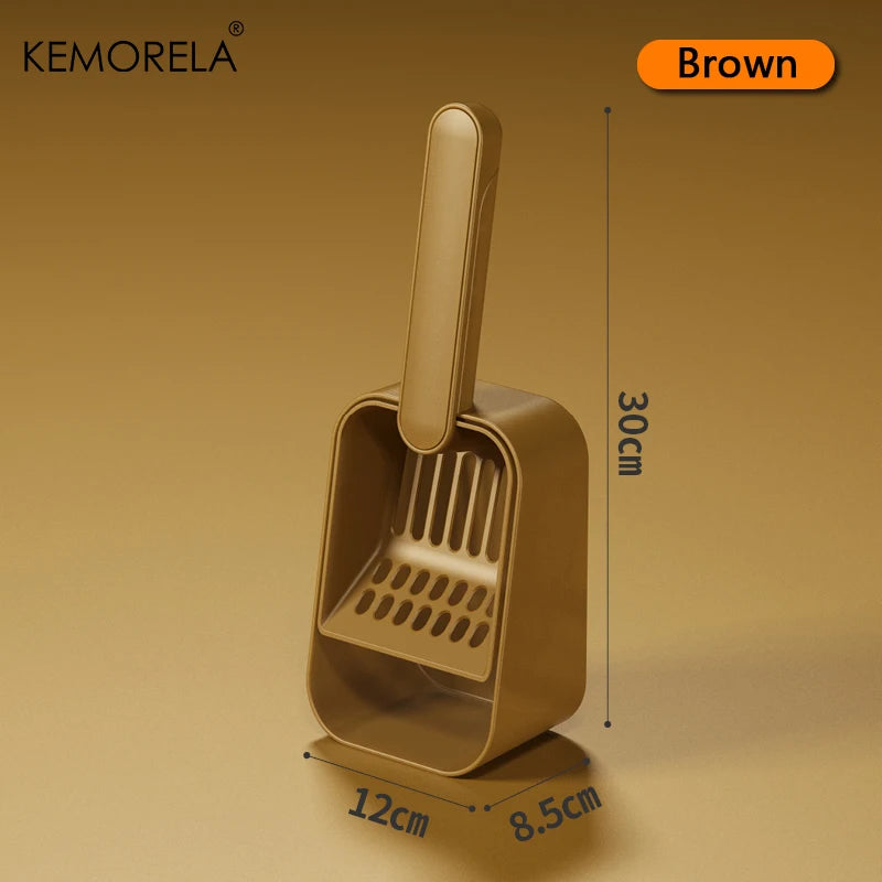 Brown cat litter scoop with base, tall handle and perforated sifter, 30 cm.