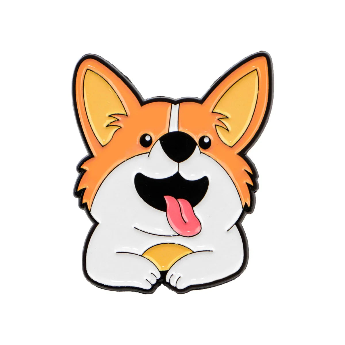 Orange-and-white corgi enamel lapel pin with pink tongue