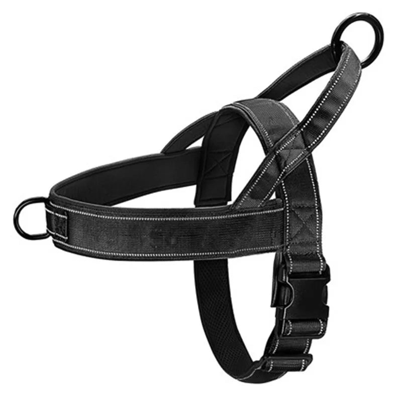 Black tactical no-pull dog harness with top handle, chest strap, and buckles