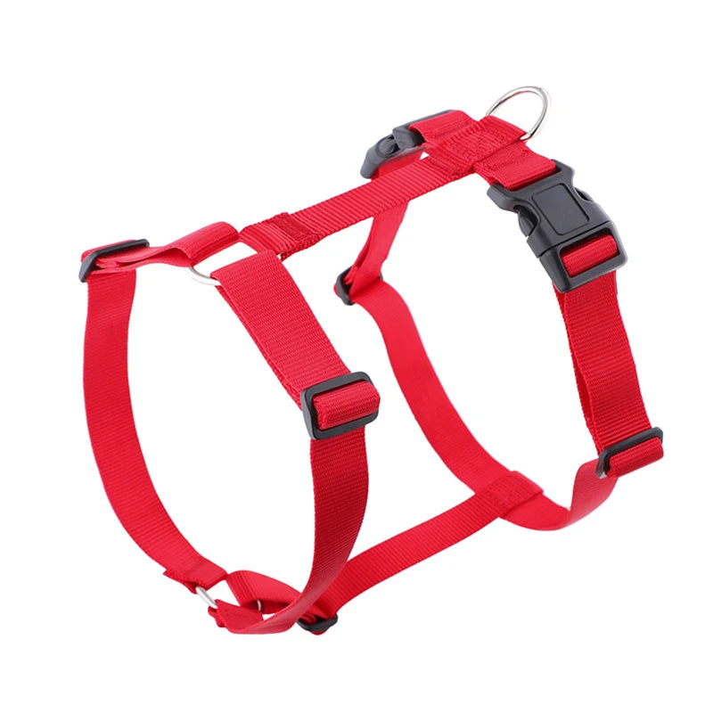 Lightweight H-shape dog harness, red nylon straps with plastic buckles and D-ring.