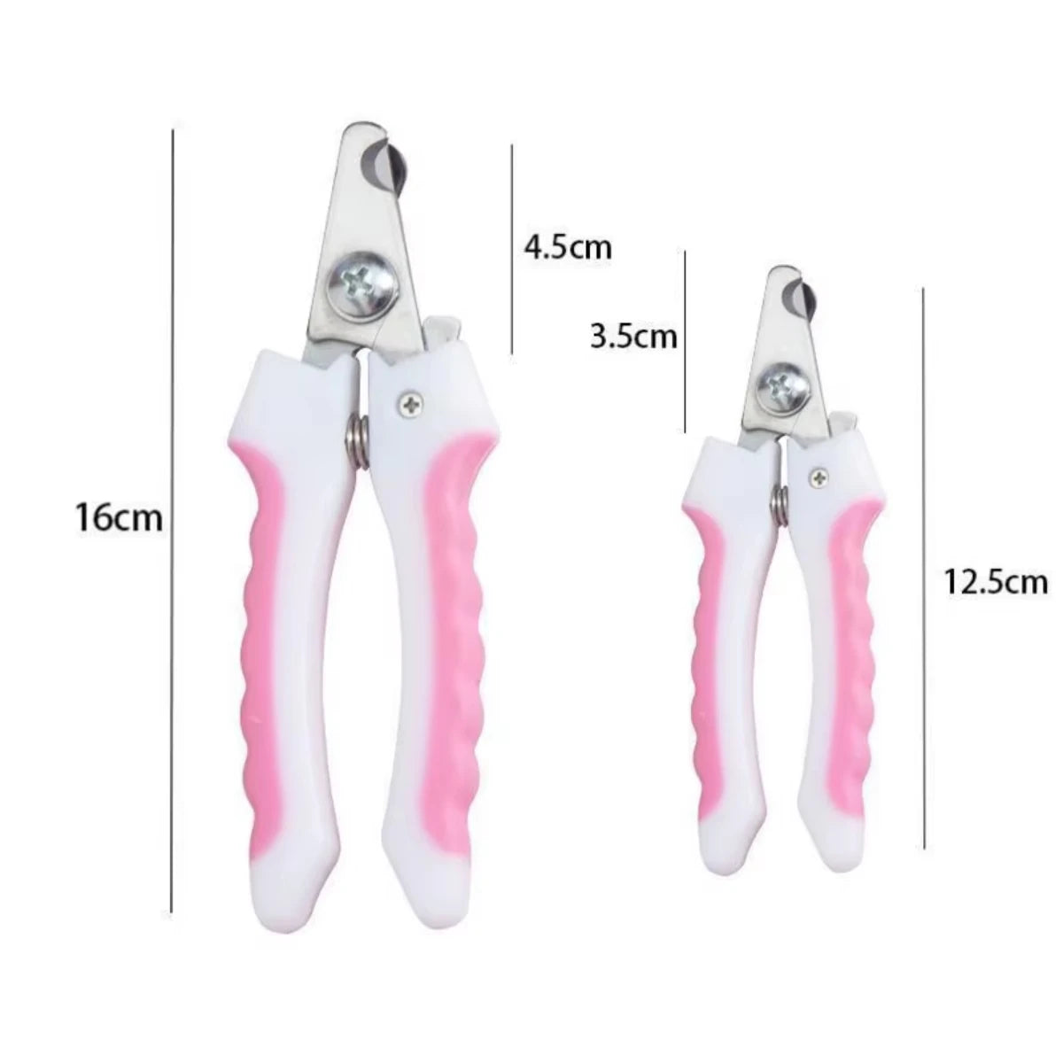 Pet nail clippers with pink and white handles and size measurements