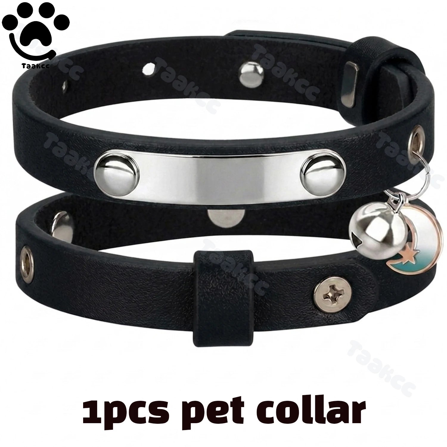 Black leather cat collar with bell and star charm, metal buckle and rivets.